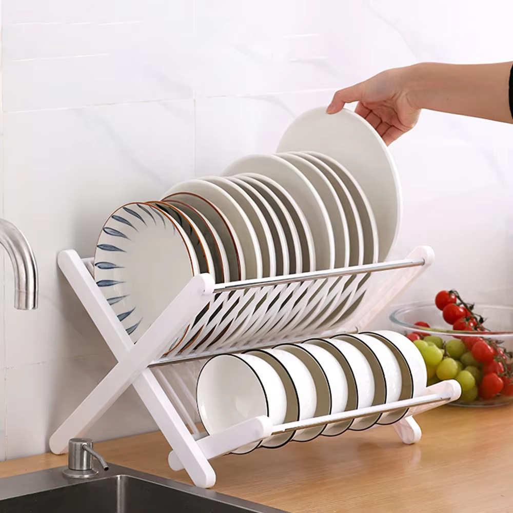 Kitchen multi-purpose storage rack, two-layer folding drain bowl and tray rack, dish bowl and Tray storage