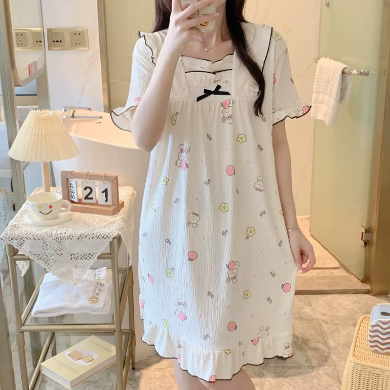 Pass Time Summer Women's Pajamas Half-sleeved One-piece Shirt Ring Cute-print Ribbon Pajama Homewear OP1777