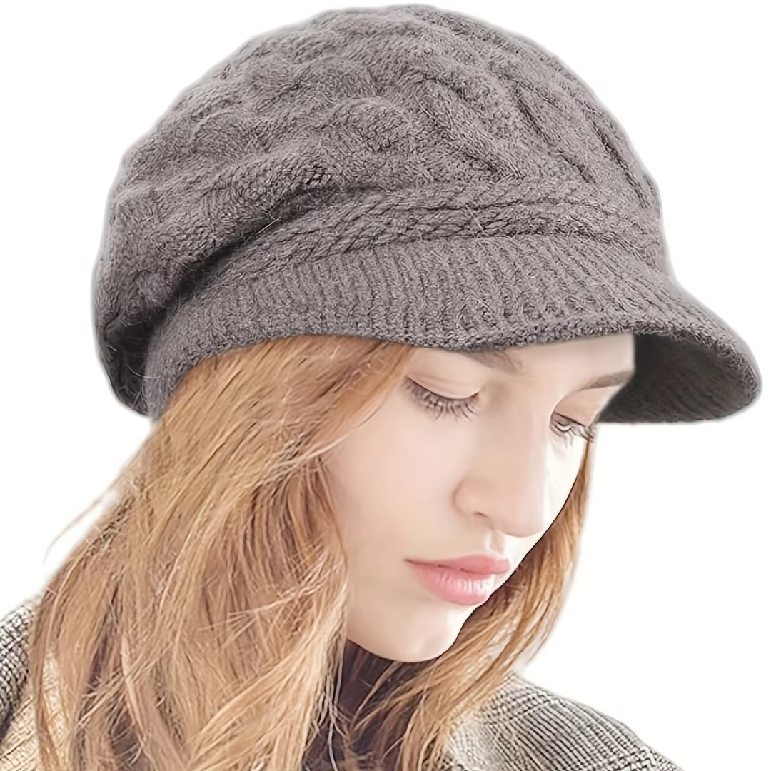 1pc Winter Knit Hats with Visor Brim Double Soft Lining for Women Warm Stylish Beanie Hats Slouchy Snow Caps