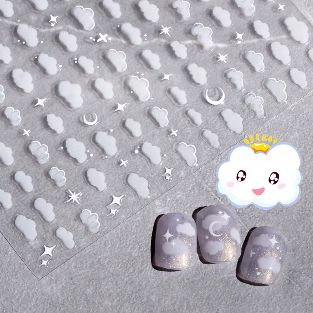 1Sheet Korean White Cloud Blue Nail Art Sticker 3D Star Moon Decal Pure Twilight Self-adhesive Manicure Slider Accessories RE#53