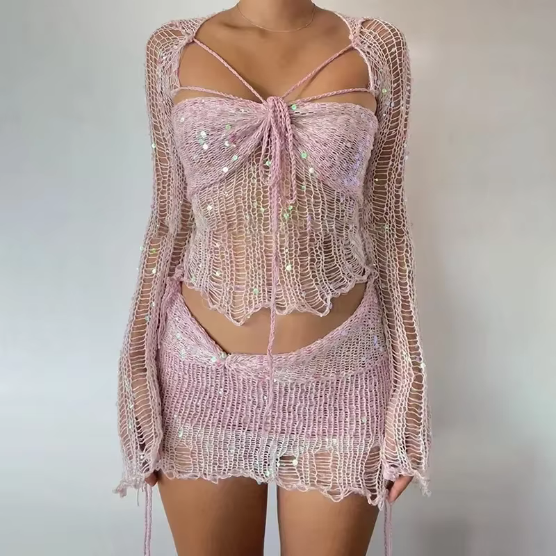 2024 Summer Women's Beaded Knitted 4-Piece Set Women's 2000 Sexy Sequined Knitted Party Dress 3-Piece Set