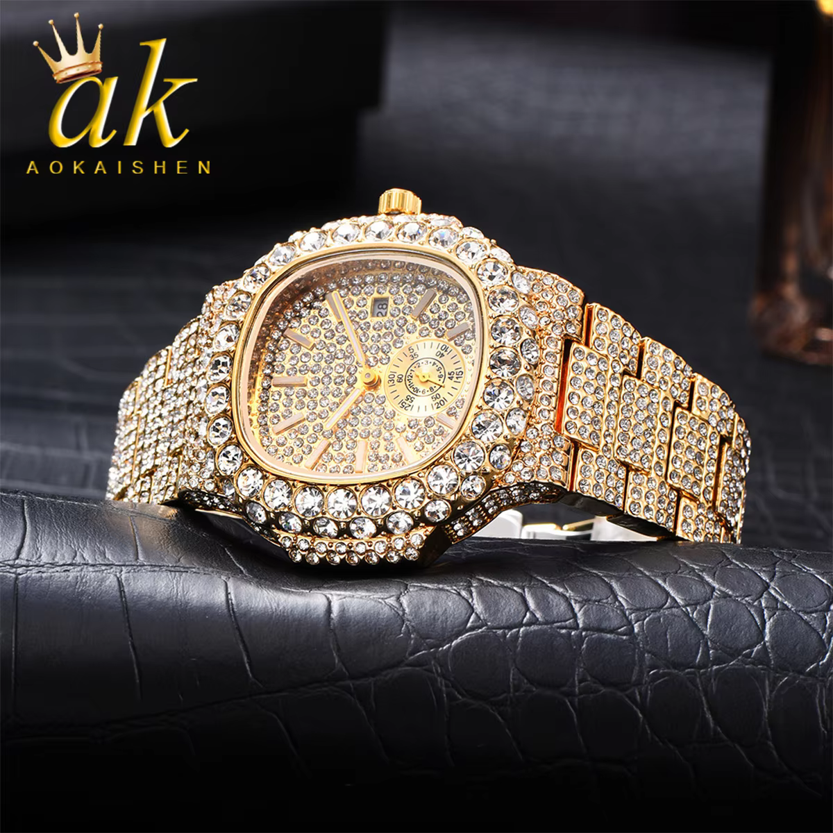 Aokaishen Ice Out Relogio Droshipping Luxury Full Diamond Quartz Watches for Men Classic Stylish Trend 2023 Waterproof Watch New