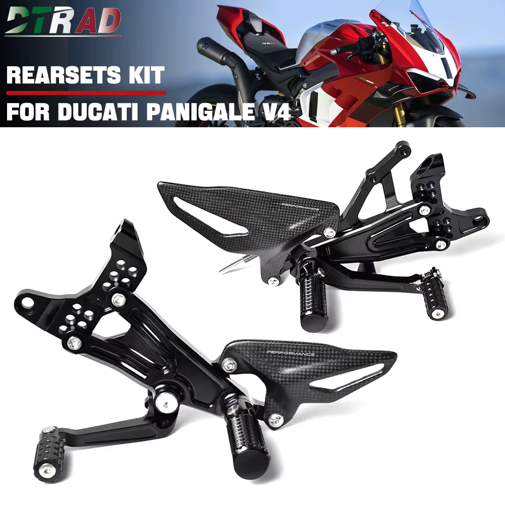 Motorcycle CNC Adjustable Rearsets Kit For DUCATI Panigale V4 V4S V4R SP 2018 - 2024 Foldable Foot Pegs Carbon Fiber Heel Guards