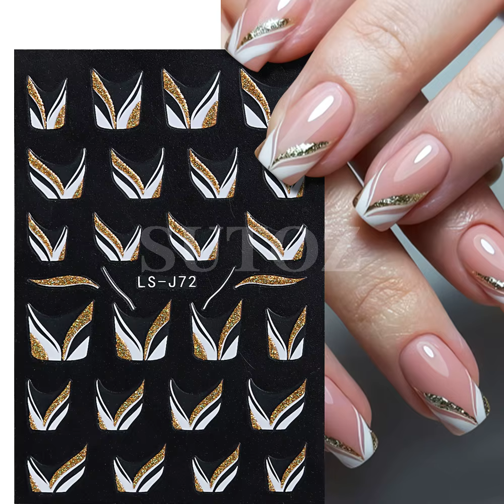 Gold Glitter French Design 3D Nail Stickers Curve Lines Swirls Wave Nails Art Sliders Reflective Flakes Decals Manicure LELS-J72