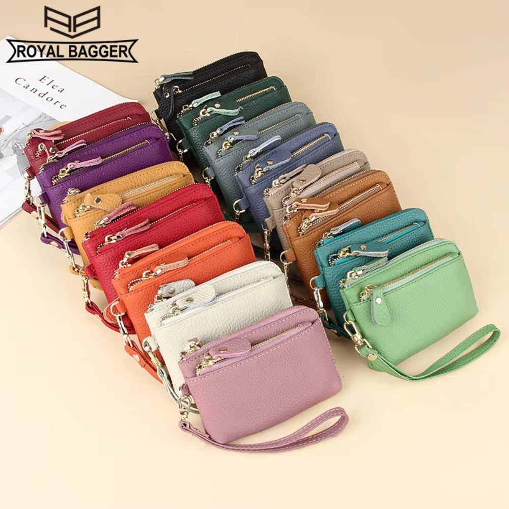 Royal Bagger Fashion Short Wallet for Women Genuine Cow Leather Cute Clutch Bag Zipper Coin Purse Card Holder with Key Chain