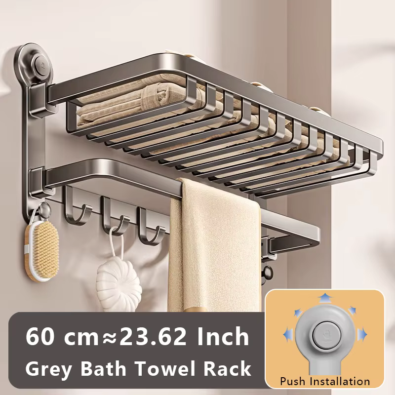 Grey Cream White Bathroom Suction Towel Rack 50/60 cm Bath Towel Rack Wall Mounted Punch Free Folding Hanger Storage Rack Shelf