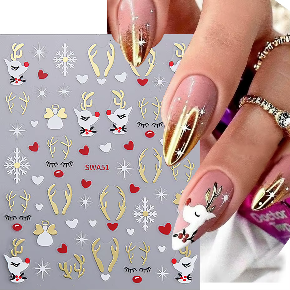 Christmas Nail Art Sticker 3D Winter Antlers Snowflake Elk Reindeer Christmas Hat Decals Self-Adhesive Slider DIY Manicure Decor