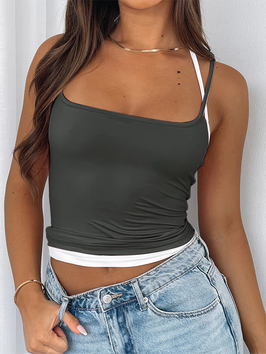 Women s Summer Mini Sling Vests Gray Sleeveless Hanging Neck Contrast Color Tops
