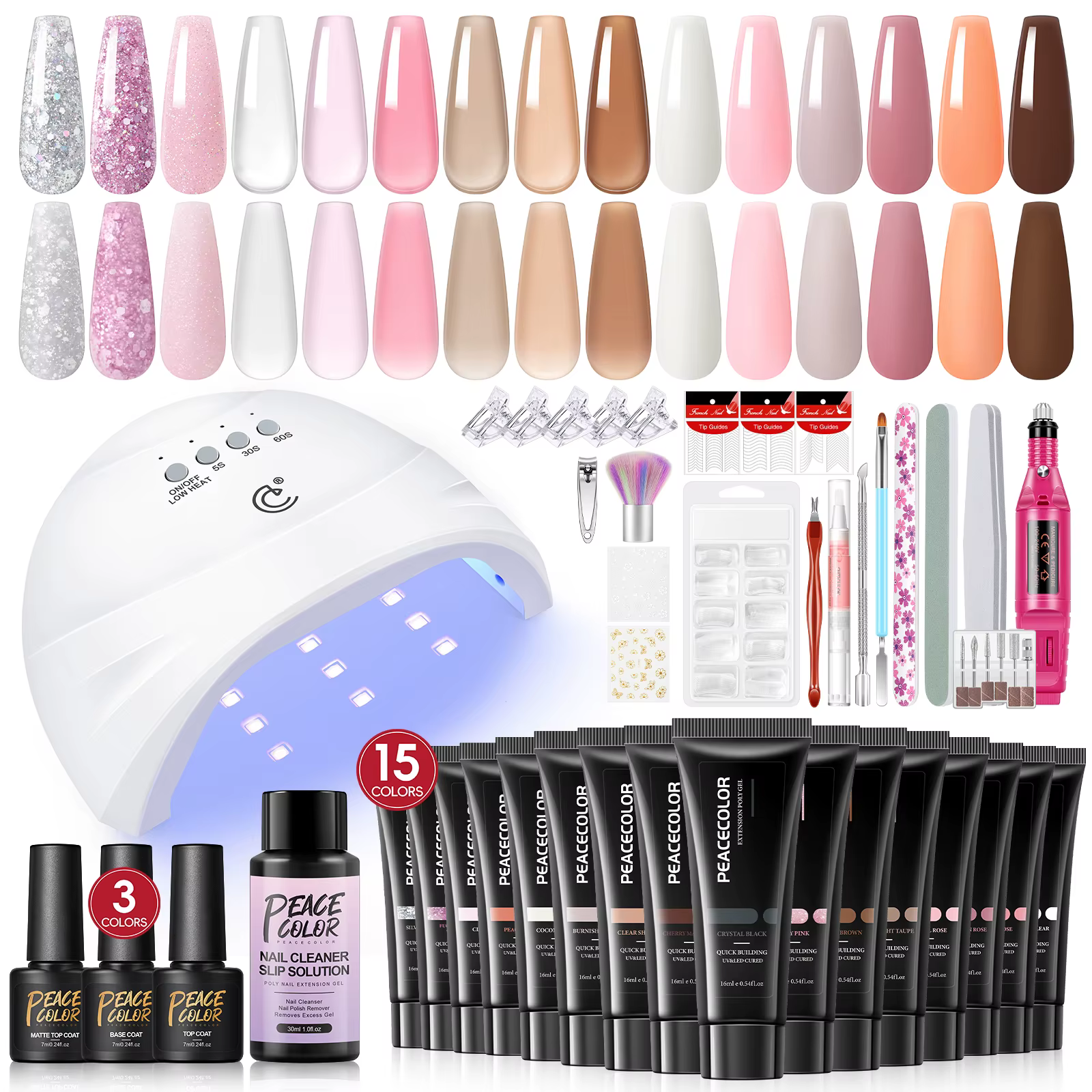 Peacecolor 16ML Poly Extension Gel Set with Nail Lamp Nail Drill Machine 30ML Slip Solution Base Top Coat Nail Art Stickers Tool
