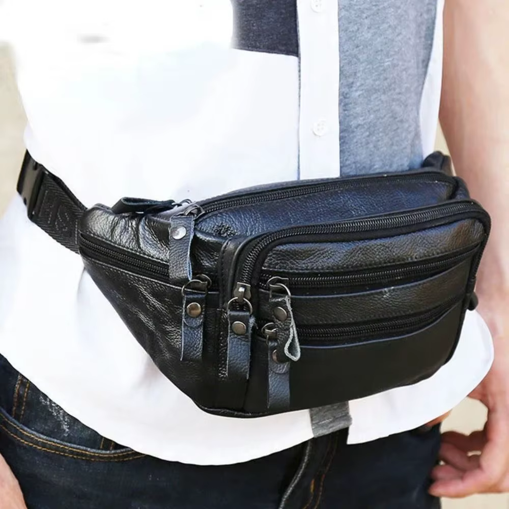 Multi-layered Men's Waist Bag Fashion Waterproof Large Capacity Travel Phone Bag PU Leather Zipper Waist Purse Pack