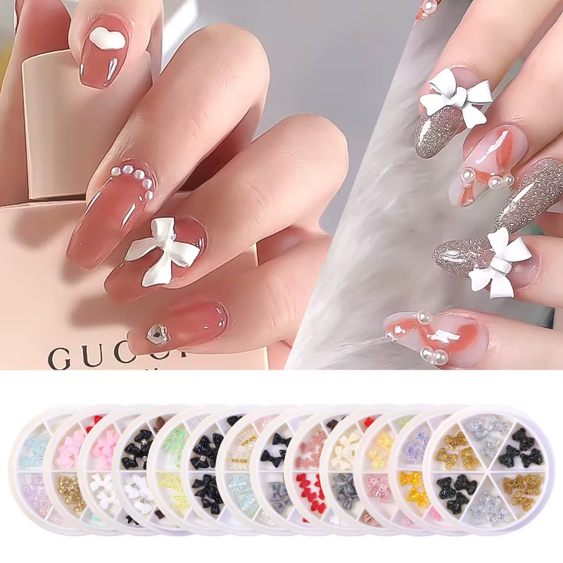 6 Grids/Box 3D Cute Bear Butterfly Bow Resin Nail Art Decorations Aurora Rhinestone For Nails Glitter DIY Manicure Accessories