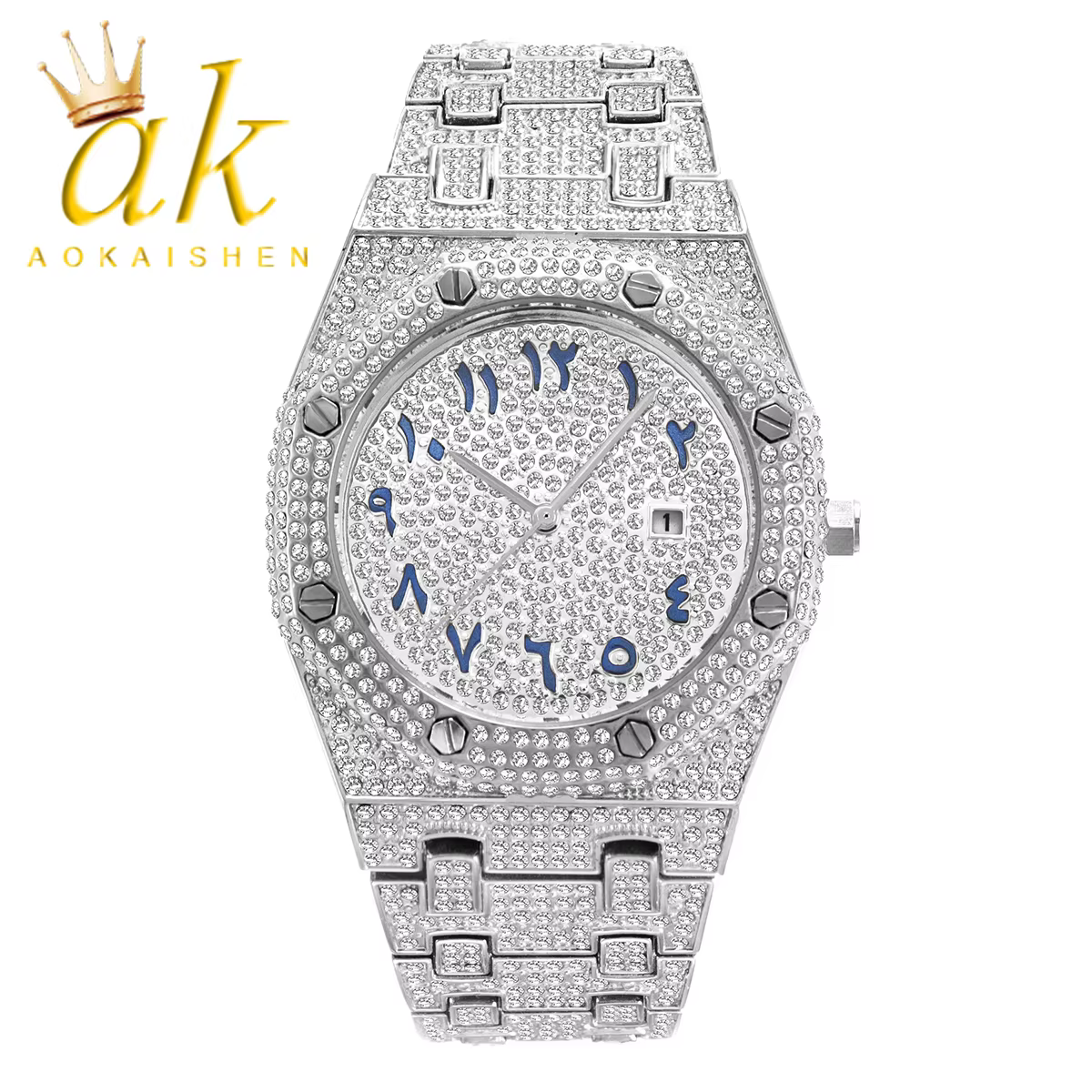 Aokaishen Men's watch Round Dial Military Quartz Clock Luxury Big Colorful Rhinestone Business Waterproof wrist watches Relogio