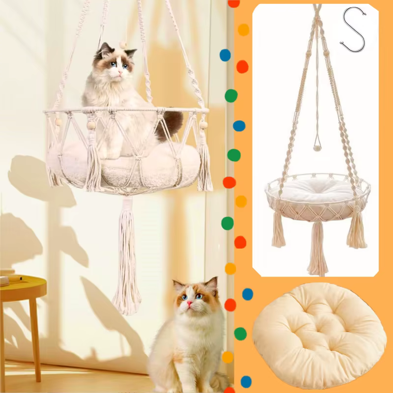 Pet Cat Hammock Swing Bed With Soft Mat Bohemian Handwoven Tapestry Cotton Macrame For Home Bedroom Decoration Wall Hanging Bed