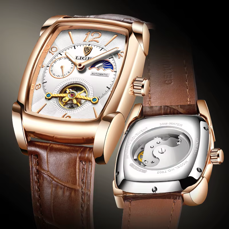 LIGE Fashion Men's Mechanical Wristwatches Top Brand Luxury Leather Square Watch Men Business Sports Tourbillon Watch For Men