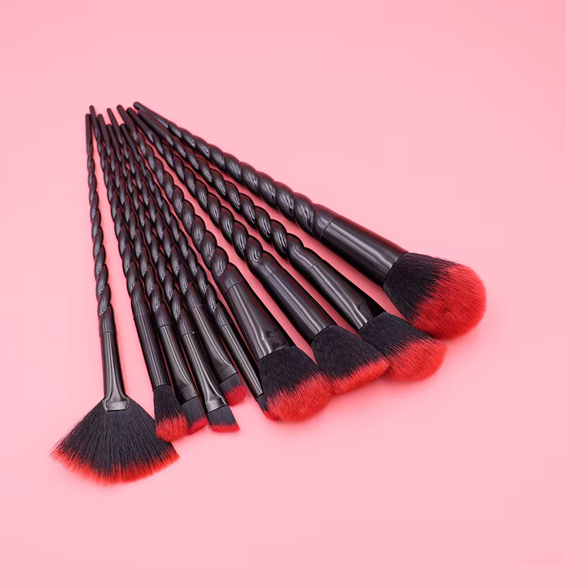 10pcs Black Unicorn Makeup Brushes Kit With Red Bristles Handles Sprial Makeup Brush Set Foundation Eyeshadow Unicorn Brush Kit