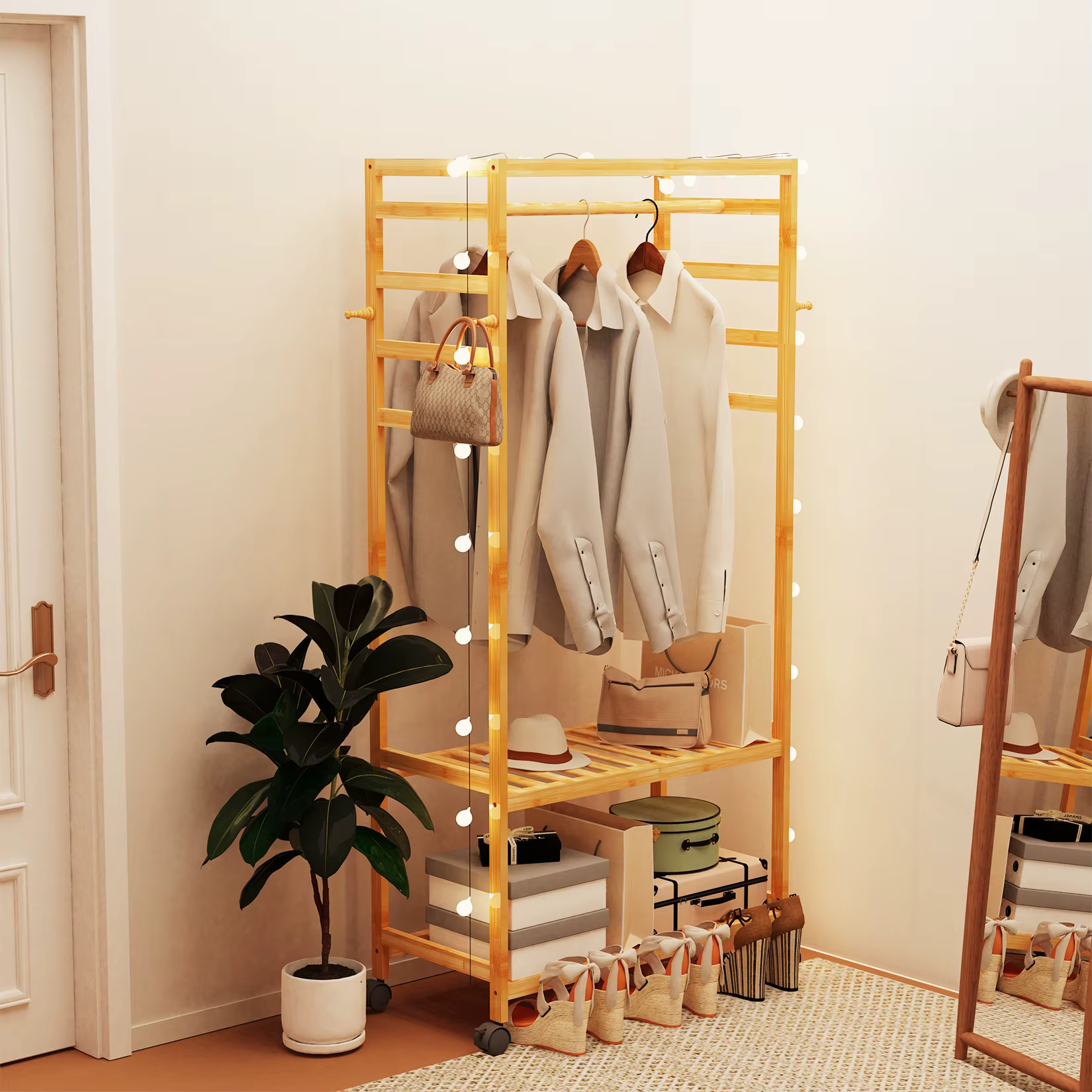 Bamboo Garment Coat Rack Clothes Hanging Rack Organizer with Wheels