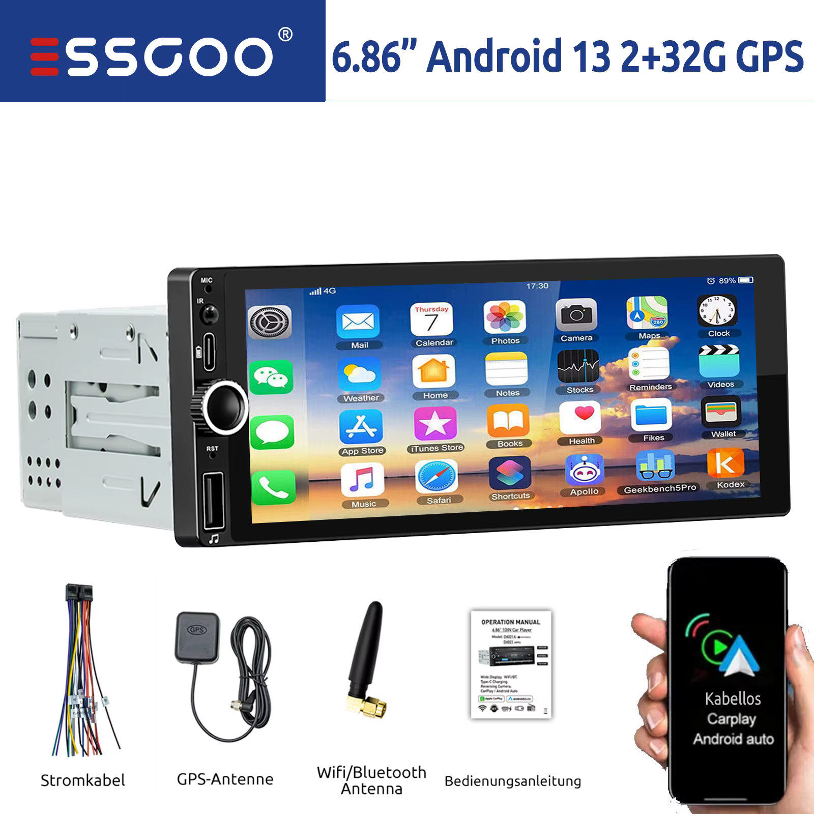 ESSGOO Single 1 DIN Car Stereo Head Unit Radio Apple Carplay Android Auto Bluetooth USB Type C GPS NAV WIFI RDS Mirror Link EQ