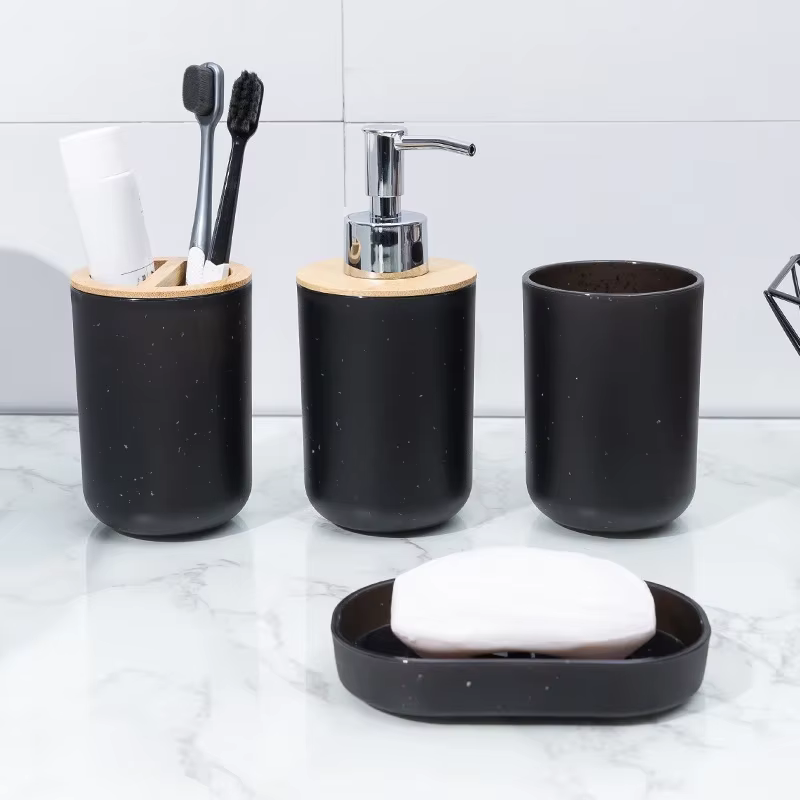 Plastic toothbrush stand with bamboo cover, black bathroom accessories, toothbrush cup Lotion dispenser soap box,