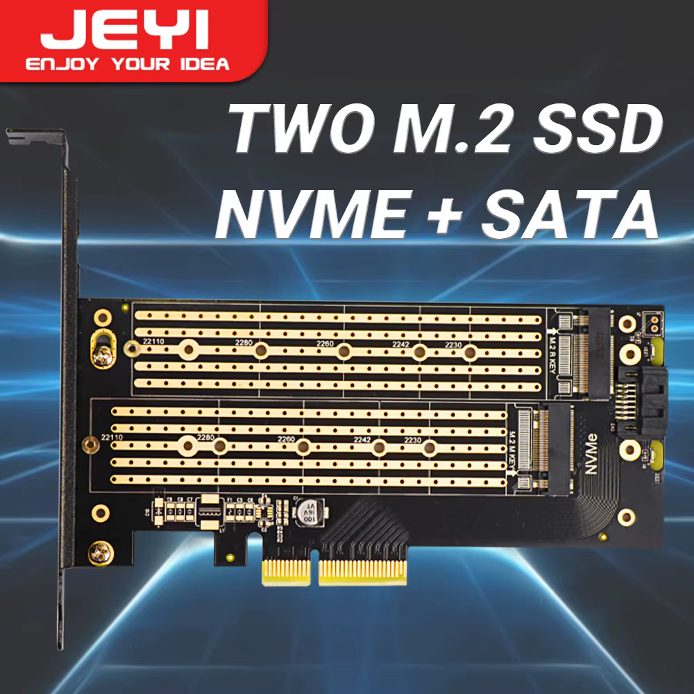 JEYI SK6 M.2 Dual M.2 PCIE 4.0 Adapter for NVMe / NGFF SSD, NVME (m Key) and SATA (b Key) SSD to PCIe x4 X8 X16 Slot