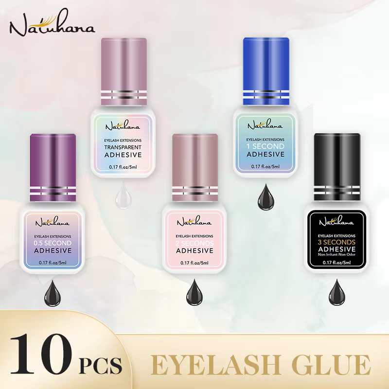 NATUHANA 10 Bottles Eyelash Adhesive 1S 0.5S Fast Drying Eye Lash Extension Glue Retention 5-7 Weeks Strong False Lashes Glue