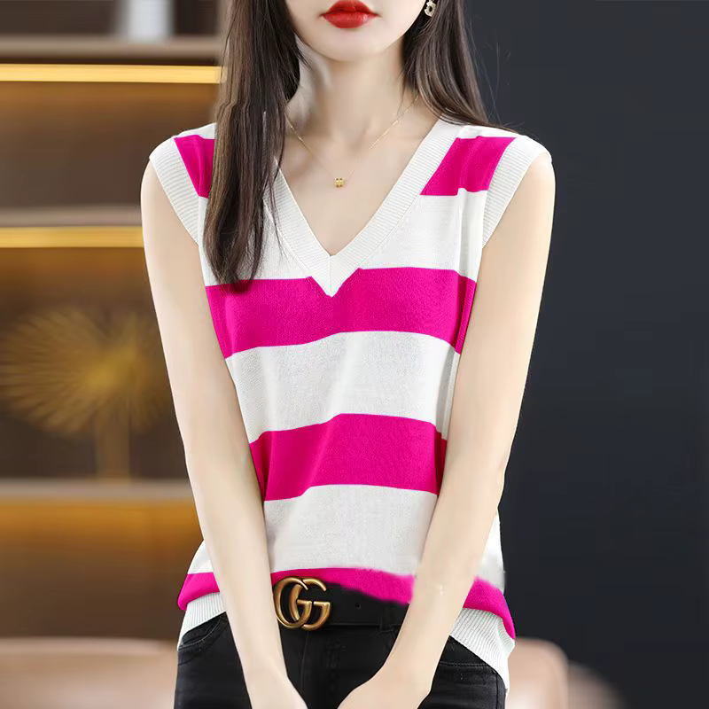 Fashion V-Neck Knitted All-match Striped Blouse Women's Clothing 2023 Summer New Loose Casual Pullovers Sleeveless Commute Shirt