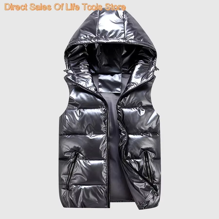 Men Winter Hooded Padded Vest Glossy Sleeveless Jacket Casual Outwear Thicken Warm Coat Waterproof Waistcoat Men Clothing 4XL