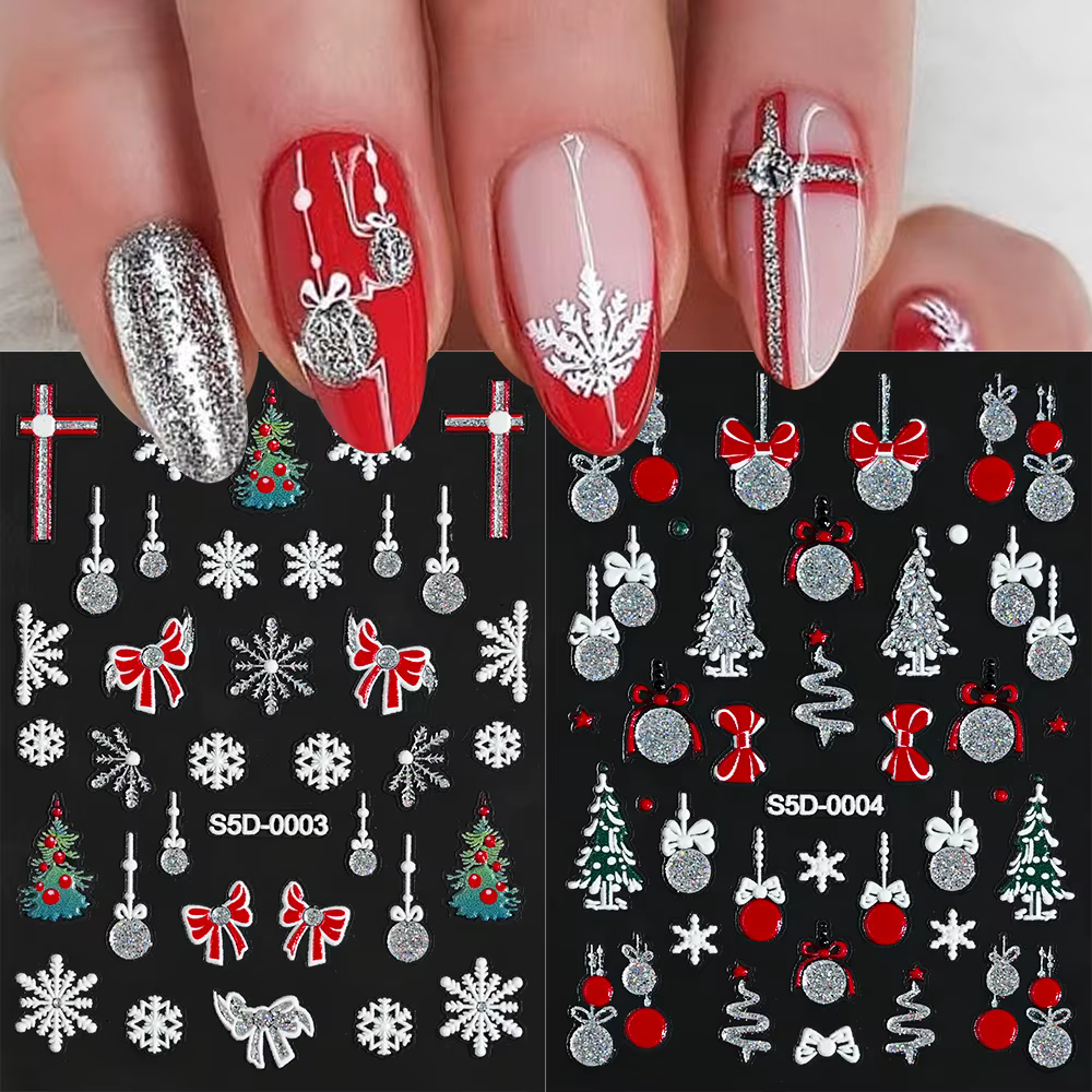 1pc 8*6cm 5D Christmas Series Nail Art Sticker 2025 Winter New Year Atmosphere Manicure Decoration Navidad Snowflakes Nail Decal