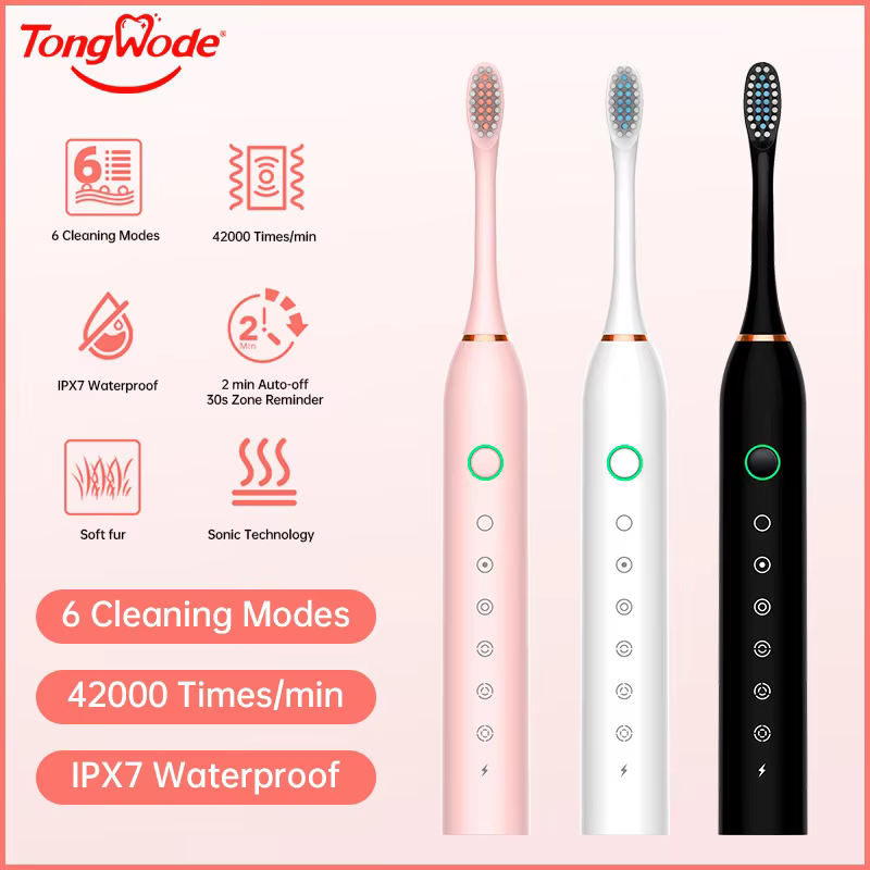 Tongwode USB Rechargeable Tooth Brush for Adult 6 Clean Modes Sonic Electric Toothbrush Washable Teeth Whitening and Cleanin