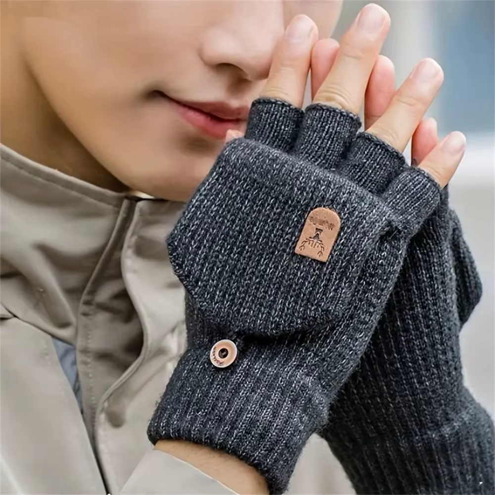 Men Women Winter Gloves Half Finger Open Flip Design Flap Warm Gloves Knitted Thickened Windproof Hand Cover Gifts for Outdoor