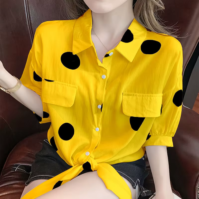 Fashion Lapel Loose Bandage Bow Polka Dot Shirt Women's Clothing 2023 Summer New Oversized Casual Tops Half Sleeve Korean Blouse