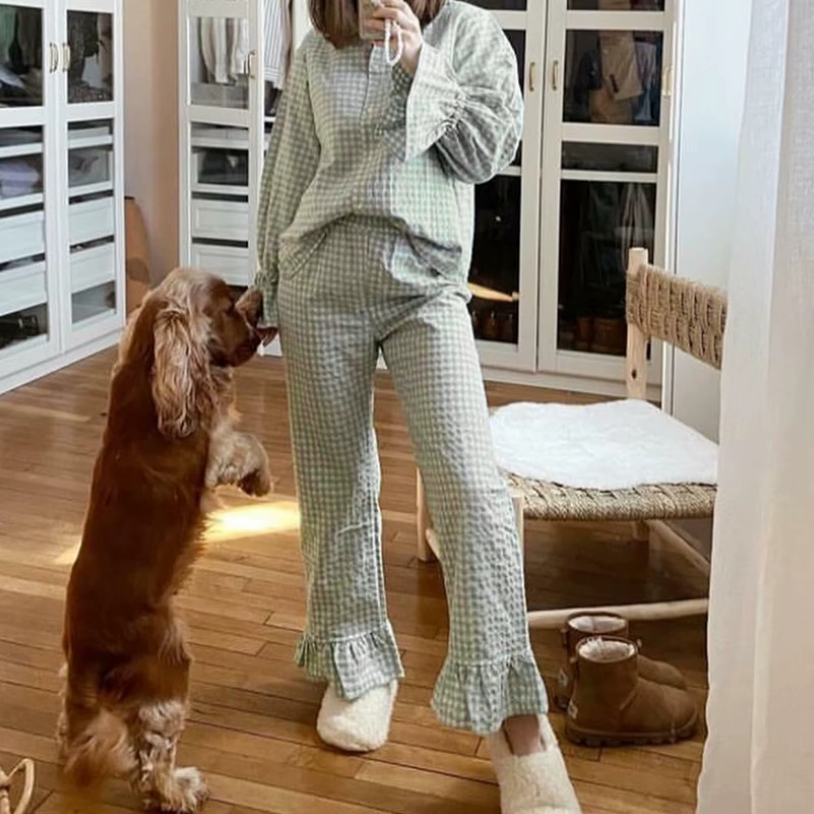 Combhasaki Women's Y2K Cute 2Piece Plaid Loungewear Outfits Set Flare Cuff Long Sleeve Shirts + Elastic Waist Ruffled Hem Pants