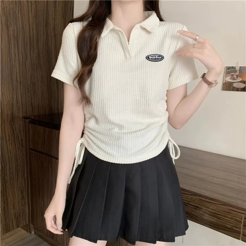 New Women Sweet Spicy Style Short Sleeved T-shirts Lady Korean Slim Fit Tie Up Tops Female Leisure Turndown Collar Crop Clothes