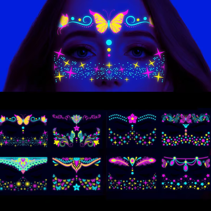 Fluorescent Waterproof Face Tattoo Sticker Temporary Face Sticker for Halloween Music Concert Party Night Club Makeup Tattoos