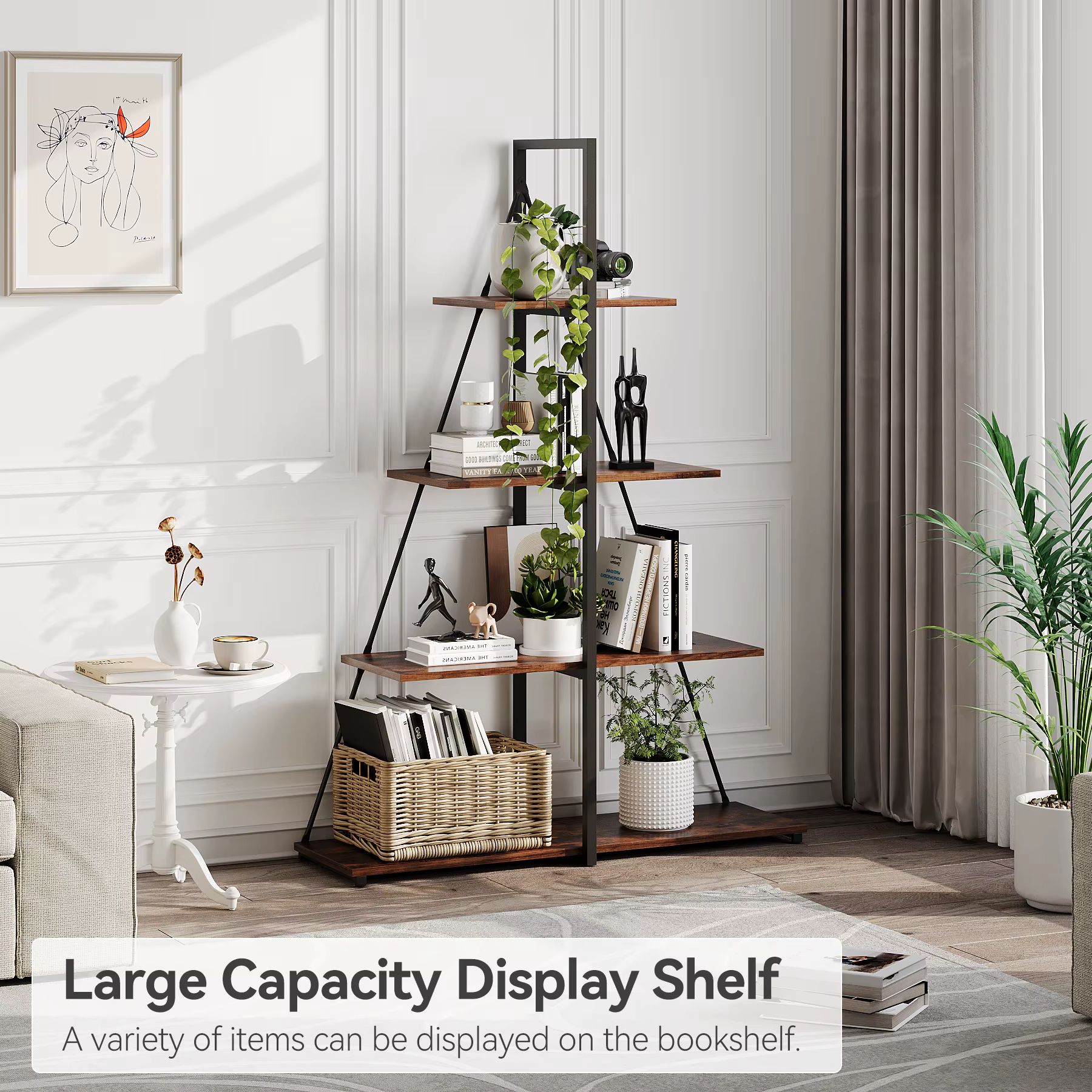 Bookcase, 4-Tier Ladder Bookshelf, A-Shaped Ladder Shelf Display, Ladder Shelf Storage Organizer for Living Room, Home Office
