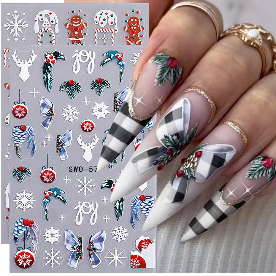 Christmas Nail Stickers 3D Winter New Year Snowflakes Gingerbread Man Elk Adhesive Sliders Lamp ball Nail Decals Manicure Decor