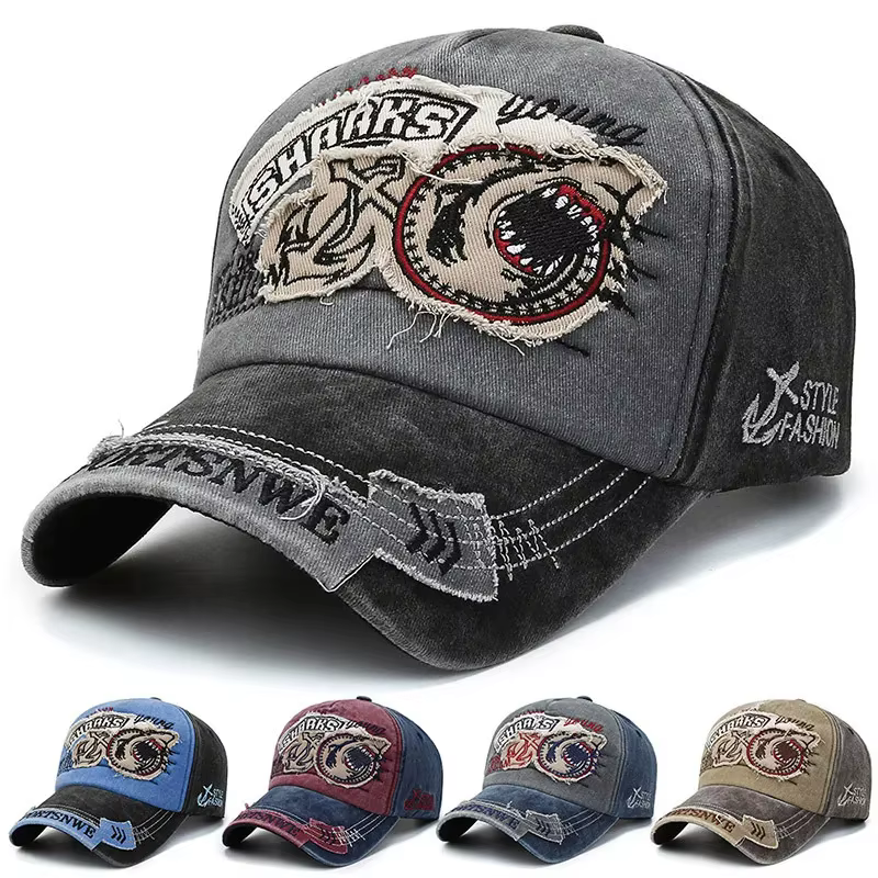 Retro Shark Embroidered Baseball Caps Bone Solid Animal Cartoon Men Women Cotton Stretch Hip Hop Streetwear Sun Hats