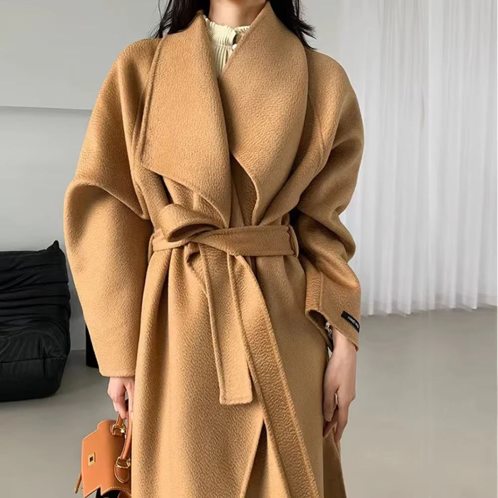 2024 Autumn Winter New Fashion Sashes Woolen Coat Female Warm Woolen Jacket Women Casual Long Water Corrugated  Wool Coat Women