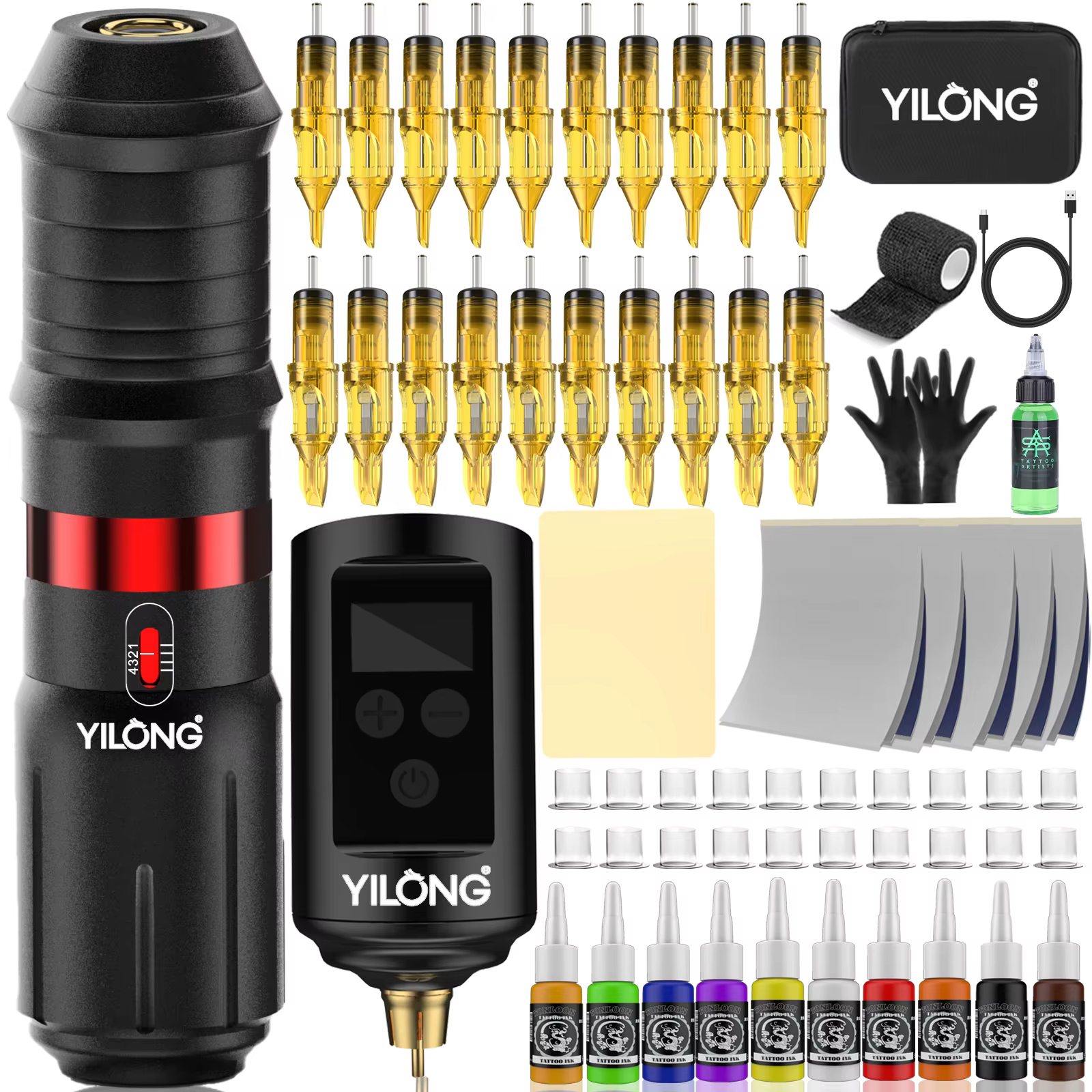 YILONG 4.0MM Stroke Wireless Tattoo Pen Machine Kit 1500mAh Power Complete Tattoo Gun Set for Tattoo Artist and Beginner