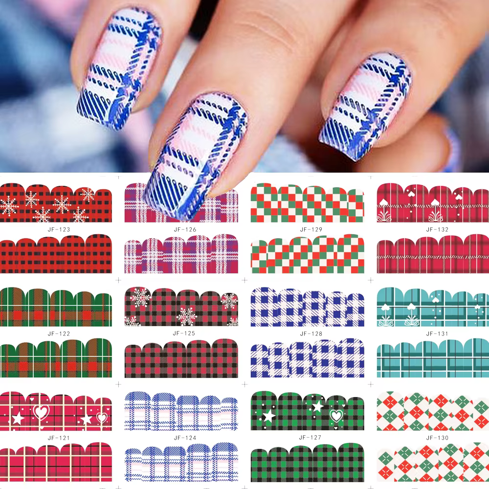 12pcs Christmas Nail Art Sticker Woolen Plaid Snowflake Design Winter Theme Water Decal Stickers Manicure Decoration GLJF121-132