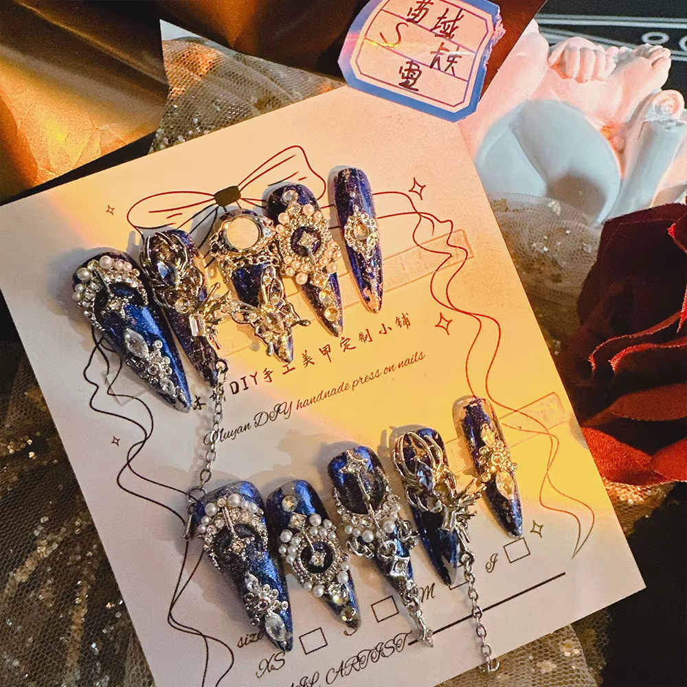 10Pcs High Quality Handmade Press on Nails Heavy Industry Miaojiang Gu Poison Luxury Dark and Niche Spicy Girl Art Accessori