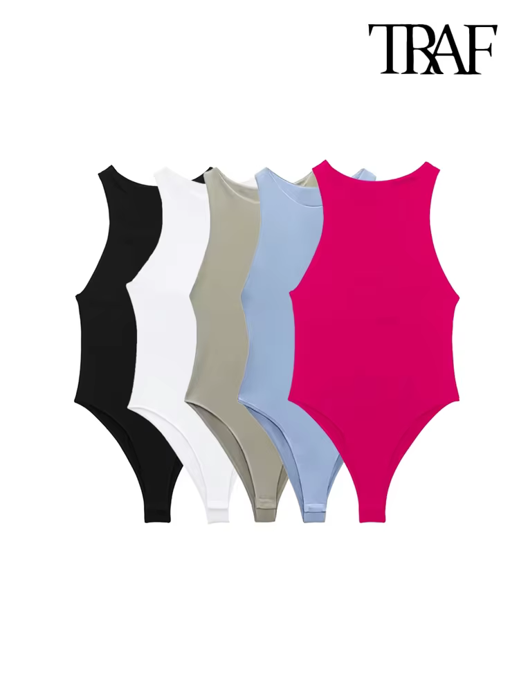 TRAF Women Fashion With Halter Neck Skinny Bodysuit Sexy Sleeveless Snap-button Female Playsuits Mujer
