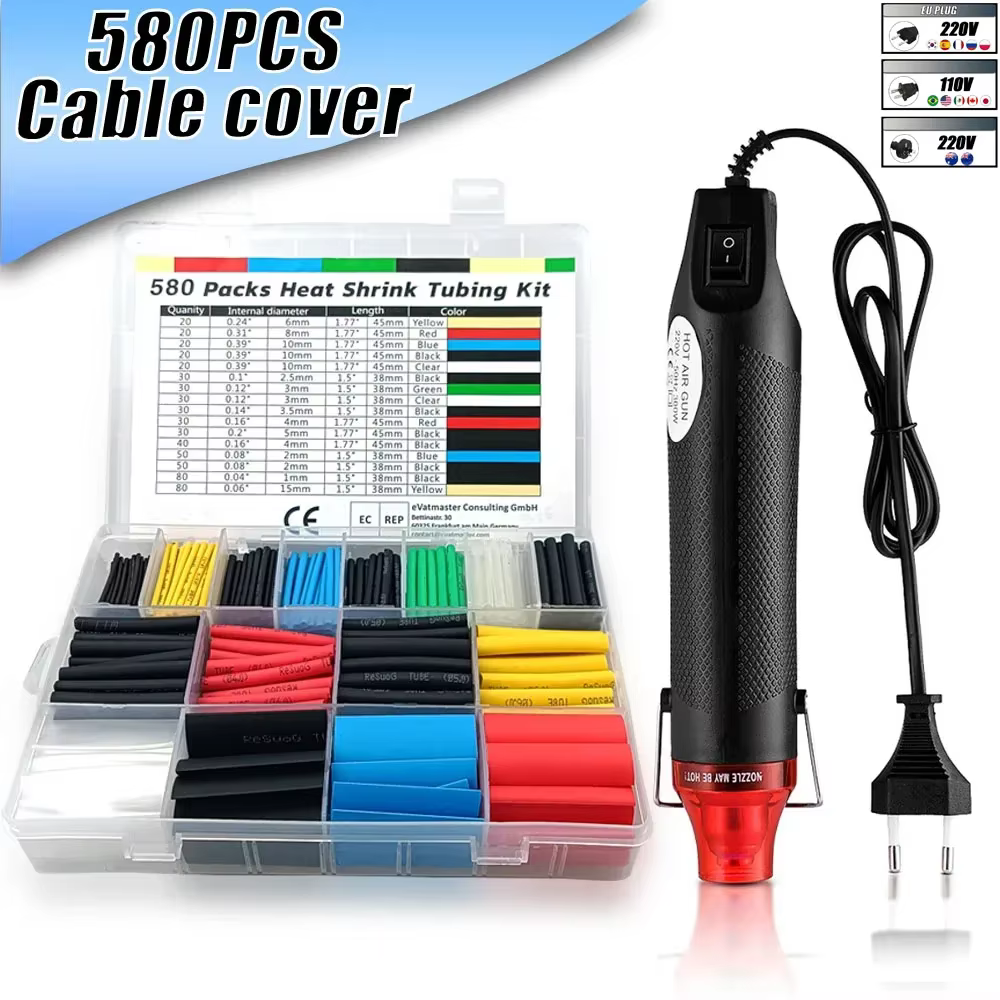 2:1 Shrinkable Wire Shrinking Wrap Tubing 580/530/127PCS Heat Shrink Tubing kit Wire Connect Cover Protection with Hot Air Gun
