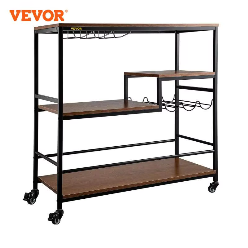 VEVOR 3-Tier Bar Wine Rack Serving Cart on Wheels Commercial Kitchen Food Truck Serving Buffet Sideboard Rack Glass Holder Home