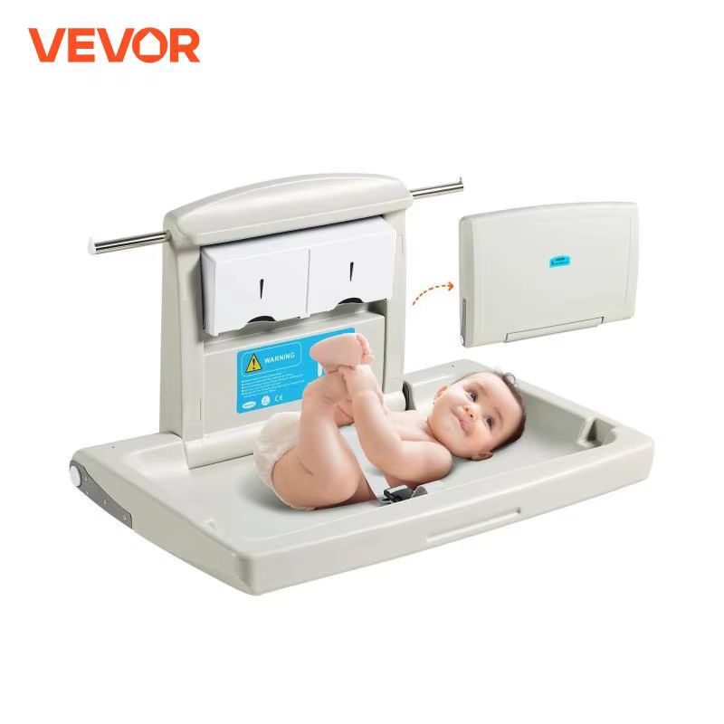 VEVOR Wall-Mounted Baby Changing Station Horizontal Foldable Diaper Change Table w/ Safety Straps and Hanging Rods for Newborns