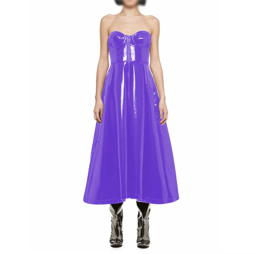 Strapless Flare Bodycon Midi Dress, Sexy Fashion, Glossy, PVC Leather, Off-Shoulder, Slim Party Dresses, Evening Women Outfits