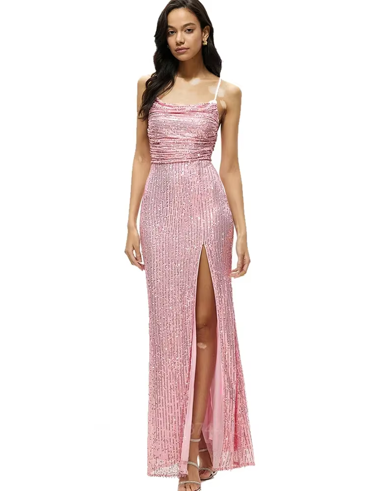 Party Dress 2024 Spring Women Evening Mermaid Dress Sequined Pink Elegant Long Party Dresses Female Club Fashion Clothes Lady