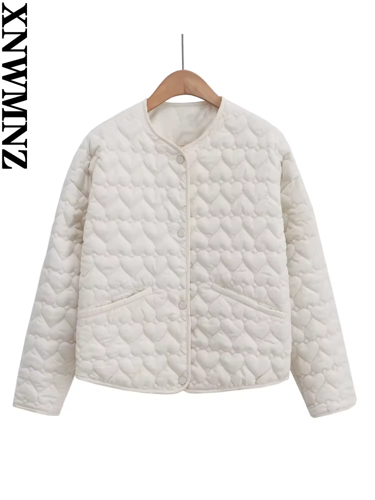 XNWMNZ Women's Fashion 2023 Autumn/Winter Heart Padded Jacket Women O Neck Long Sleeve Pocket Versatile Female Coat