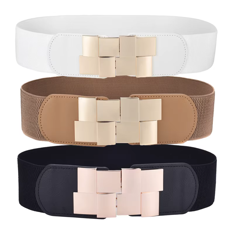 Women's Elastic Wide Waistband Classic Ladies Multicolor Square Buckle Dress Decorative Slim Stretchy Waistband