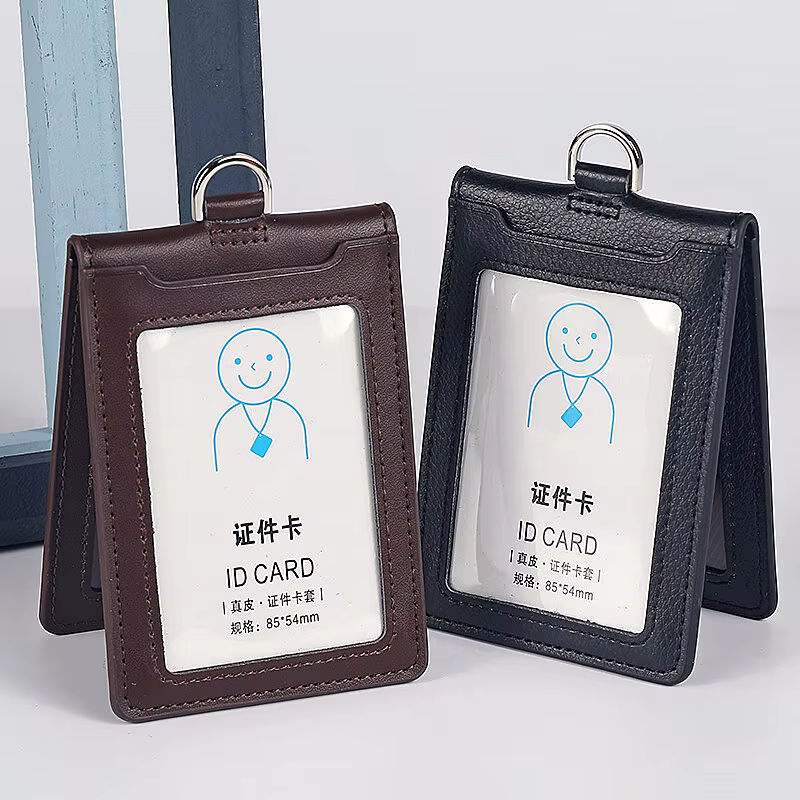Cowhide ID Card Holder Business Document Case Leather Factory Staff Office Workers Badge Tag Cases with Lanyard Aviation Style