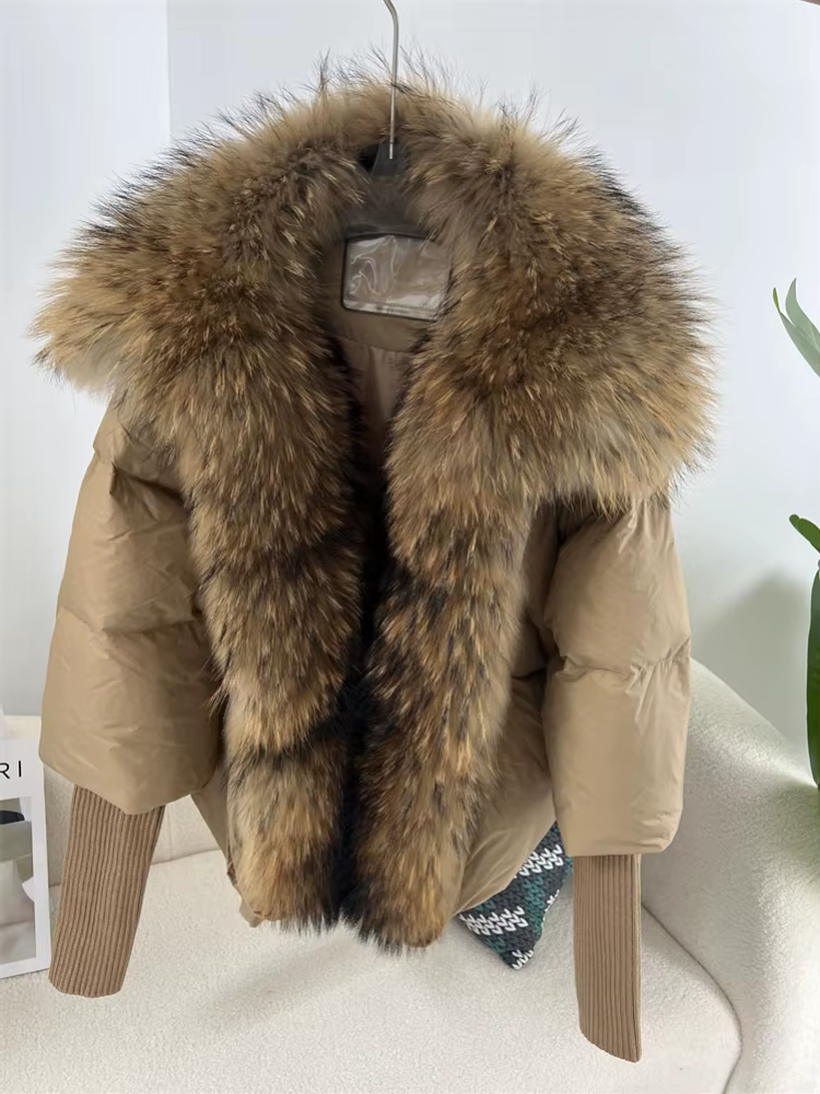 2023 Large Real Silver Fox Fur Collar with Knit Sleeve  Winter Women Coat White Duck Down Jacket Super Fashion Outerwear Luxury
